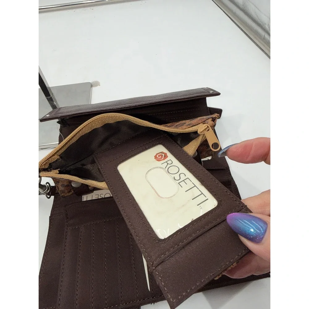 Rosetti Burgundy Pebbled Faux Leather Trifold Wristlet Wallet Leopard Pouch
